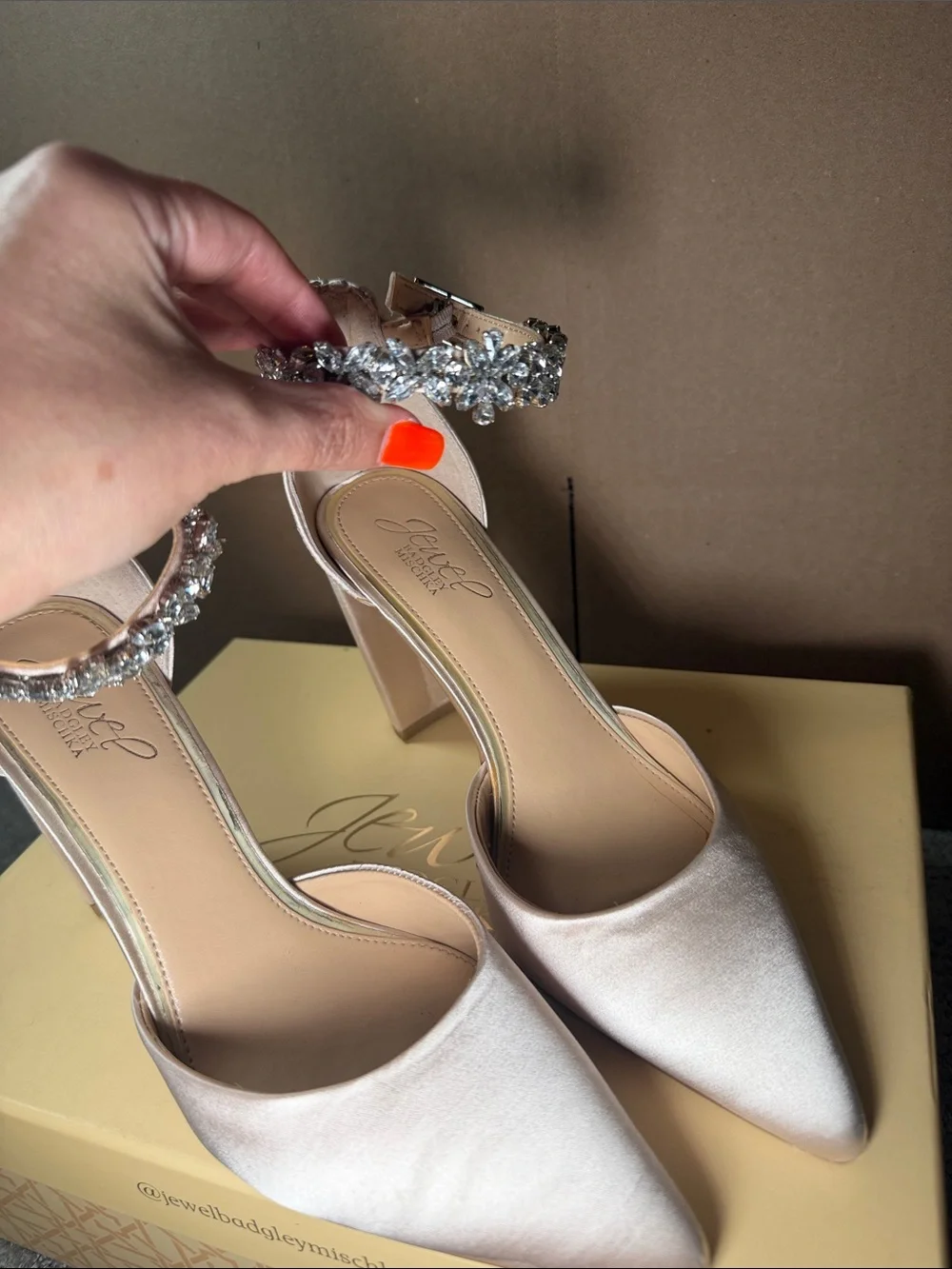 Jewel Badgley Mischka Blush Pink Satin Crystal-Ankle Heels 4 inch